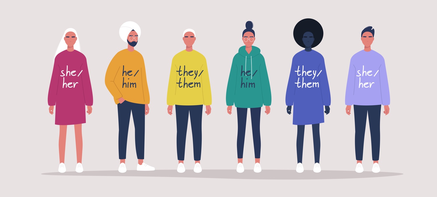 Illustration of young people wearing sweaters with their gender pronouns - she, he, them